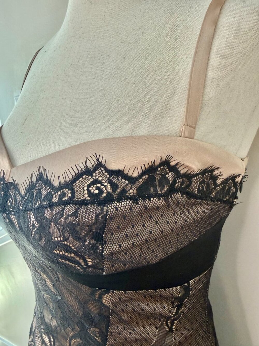 Bebe Black Lace Overlay of Satin Nude dress w/ Adjustable Straps & Waist - S - Picture 2 of 8